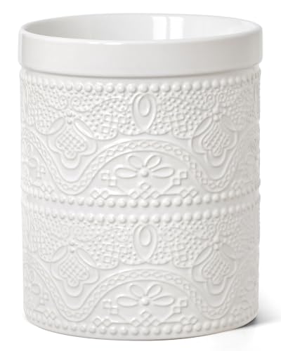 Kitchen Utensil Holder, 7.2" Super Large Utensil Crock Heavy and Stable Lace Emboss Ceramic Utensil Holder for Kitchen Counter (Bright White) - color: Bright White