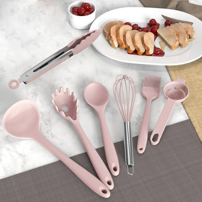 AOTHOD Silicone Cooking Utensils Set - 446°F Heat Resistant Kitchen Utensils, Spatula,Turner Tongs,Spoon,Whisk,Kitchen Utensil Gadgets Tools Set for Nonstick Cookware,Dishwasher Safe BPA Free(Pink) - color: Pink