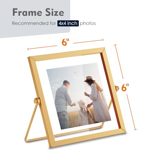 4x4 Floating Picture Frame, Gold Small Photo Frame, Metal Pressed Flowers Desk Picture Frame with Glass, Great for Photos, Gift, Pictures, Wedding, Portraits - color: 4"x4" Gold