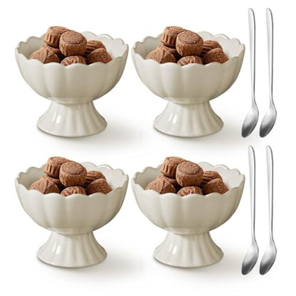 choxila Ceramic Bowl Set of 4 Footed Dessert Bowls with Spoon, Elegant Trifle Bowl with Pedestal for Candy, Salad, Fruit, Tiramisu, Party Serving Punch Bowls - color: Ceramic Bowl Set
