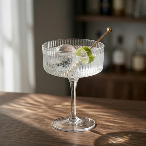 Ciaell 4 Piece Coupe Glasses for Bars Parties | 10 oz Ribbed Vintage Cocktail Glasses, Martini Wine Espresso Service, Gift and Drink Service