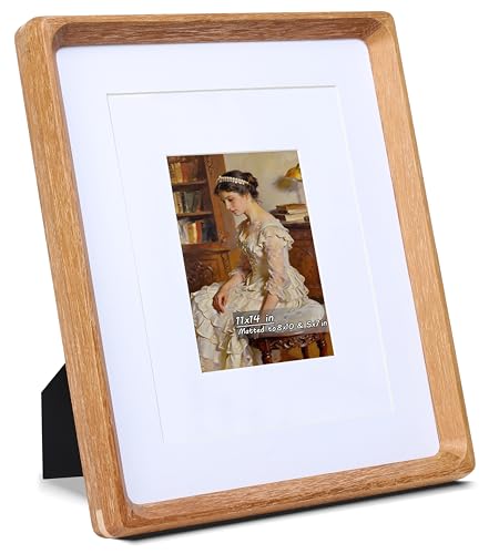 11x14 Picture Frame with Mat for 5x7/8x10, USA-Sourced Natural Teak Wood Handcrafted Rounded Corner with Real Glass, Vertical or Horizontal Display Photo Gallery Wall & Tabletop Frame - color: Teak, size: 11x14 Matted to 5x7/8x10