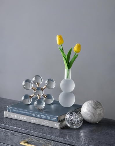 Gold Iron and Crystal Glass Sphere Sculpture - Modern Geometric Decorative Accent for Home, Office, or Living Room (Luxury Tabletop Art Piece) - 7" x 7" x 7"