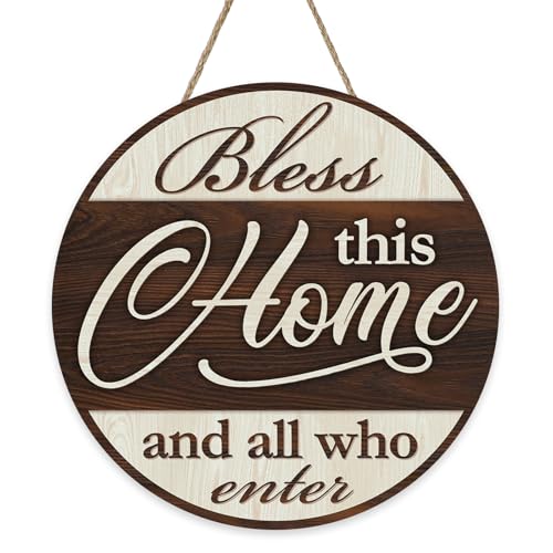 Bless This Home and All Who Enter Welcome Front Door Sign | Christian Family Quote Jesus Farmhouse Wood Hanger Outdoor Porch Home Decor, Religious Wooden Wreath Indoor Wall Hanging - color: Home-2