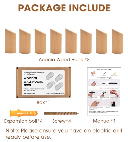 Wooden Wall Hooks 8 Pack, Handmade Wooden Coat Hooks Wall Mounted - Farmhouse Rustic Entryway & Bathroom Hooks for Hats, Towels, Bags, Clothes (40 Capacity), Fits Drywall, Beech Wood - color: Beech Wood, size: Angled 8-Pcs