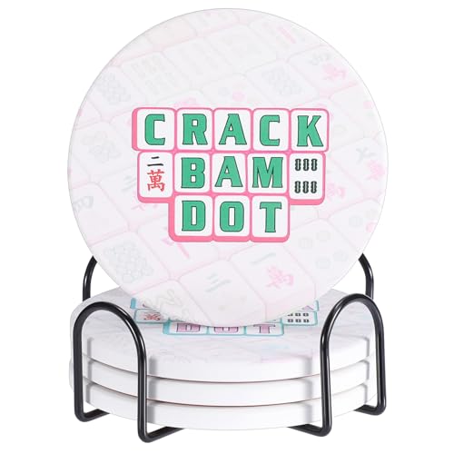 Drink Coasters Set of 4, Decorative and Absorbent Table Coaster with Holder | Funny Mahjong Pattern, 4 Inch Universal Fit, Round Ceramic Coaster, Non-Slip, Table Protection, Mahjong Accessories and Gifts - size: 4x4 in (Style 2)