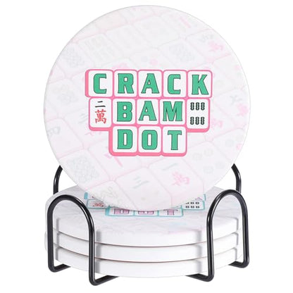 Drink Coasters Set of 4, Decorative and Absorbent Table Coaster with Holder | Funny Mahjong Pattern, 4 Inch Universal Fit, Round Ceramic Coaster, Non-Slip, Table Protection, Mahjong Accessories and Gifts - size: 4x4 in (Style 2)