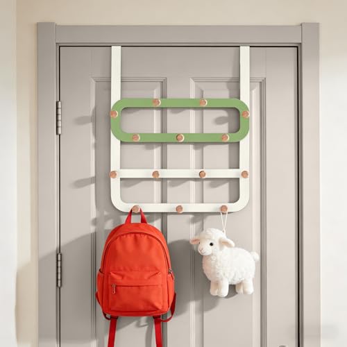 Over Door Hooks for Kids Backpacks - 21.5" Extra Long Door Hanger Low Reach, 14 Wooden Ball Coat Rack for Nursery Bedroom Bathroom, White & Green Purse Bag Towel Holder Organizer - color: Green