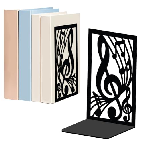 WADORN 1 Pair Musical Note Metal Decorative Bookend for Shelves, Heavy Duty Book Ends Modern Non-Skid Books Holder Stand Black Book Support Stoppers for Desk Bookshelf Office Home, 4.7x3.5x7 inches - color: Musical Note
