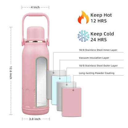 BJPKPK Stainless Steel Insulated Bottle with Handle & Strap, 50oz | Leak-proof vacuum insulation keeps drinks cold/hot for hours. BPA-free, dishwasher safe. Includes handle & strap. Light Pink. - color: Light Pink, size: 50 Ounces