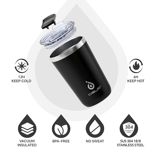 Ideus 20 oz Tumbler, Travel Coffee Mug with Splash Proof Sliding Lid, Double Wall Stainless Steel Vacuum Insulated Coffee Mug for Home and Office, Keep Beverages Hot or Cold, Black - color: Black