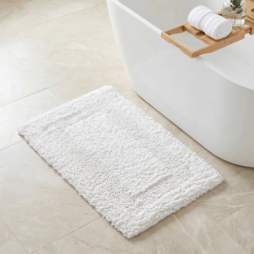 Reversible Bath Rug 17x24 Inch - White | Cotton Absorbent Thick Bathmat for Bathroom, Washable Toilet Small Throw Mat - color: White, size: 1'5" x 2' (Rectangular)