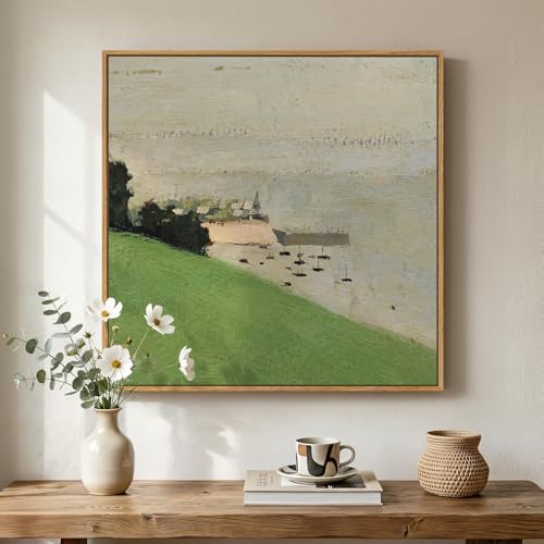 Framed Green Abstract Landscape Wall Art, Modern Minimalist Coastal Canvas Prints Paintings for Walls, Rustic Nature Square Pictures for Living Room Bedroom Dining Room Bathroom Wall Decor, 24x24 In - color: Green-E, size: 24"L x 24"W