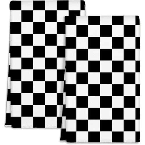 Checkered Black and White Kitchen Towels Dish Cloths,2 Pack Absorbent Quick Dry Modern Geometric Plaid Style Dish Towels with Hanging Loop,Decorative Hand Towels for Kitchen Tea 16"x26" - color: Black White