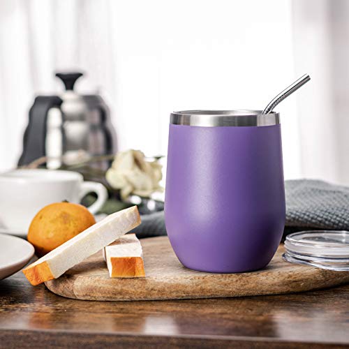 COMOOO Stainless Steel Wine Tumbler Bulk with Lid and Straw 12oz Double Wall Vacuum Insulated Travel Tumbler Cup Stemless for Hot and Cold Drinks, Coffee, Wine, Cocktails (Light Purple, 8 Pack) - color: Light Purple