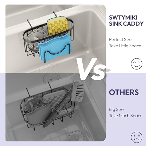 SWTYMIKI Sponge Holder for Kitchen Sink - Movable Kitchen Sink Caddy with M Shape Hook, Stainless Steel Hanging Sponges Caddy Organizer in Double Bowl Sinks Depth>3.15in, Middle Divider<1.5in, Black - color: Black-regular