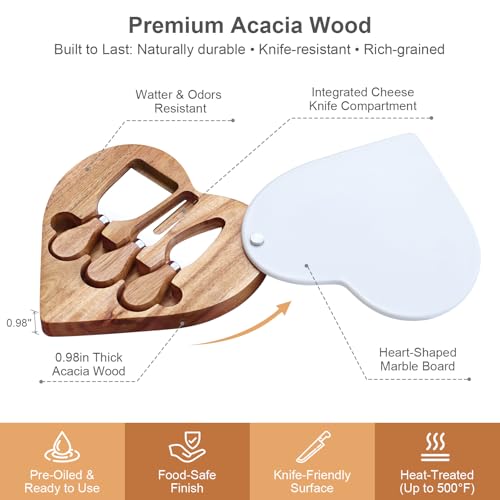 8.2" Valentine Heart-Shaped Acacia Wood Cheese & Charcuterie Board with 360° Rotating Marble Lid and Cheese Utensil Set (Spade, Knife, Fork) - Housewarming, Birthday & Wedding Gift - size: Heart Shaped 8.2"