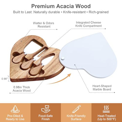 8.2" Valentine Heart-Shaped Acacia Wood Cheese & Charcuterie Board with 360° Rotating Marble Lid and Cheese Utensil Set (Spade, Knife, Fork) - Housewarming, Birthday & Wedding Gift - size: Heart Shaped 8.2"