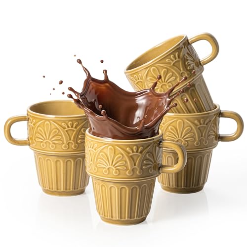 LYEOBOH Ceramic Mugs, 12 OZ Khaki Coffee Mugs Set of 4, Stackable Mug, Microwave & Dishwasher Safe, Stylish Texture Design for Coffee Tea Milk, Ideal for Home Kitchen Party & Festival Gifting - color: Khaki, size: 12 OZ-set of 4