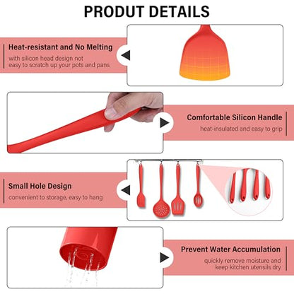 HaWare 11 PCS Silicone Cooking Utensils Set, Heat Resistant Kitchen Utensils with Holder, Food-grade Spatula Sets for Nonstick Cookware, Kitchen Tools Gadgets Include Fish Turner, Spoon (Red) - color: Red