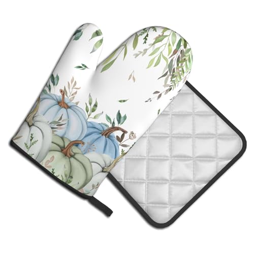 Giwawa Fall Blue Pumpkin Oven Mitts and Pot Holder Set of 2 Autumn Harvest Heat Resistant Kitchen Oven Gloves Hot Pads for Baking Cooking Grilling - color: Fall Blue Pumpkin