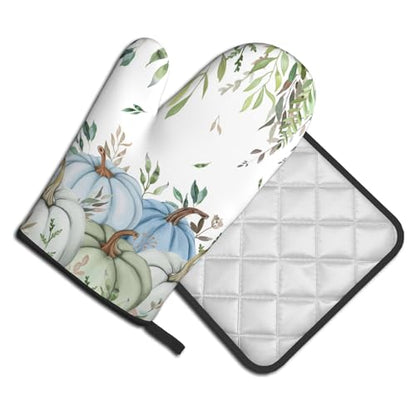 Giwawa Fall Blue Pumpkin Oven Mitts and Pot Holder Set of 2 Autumn Harvest Heat Resistant Kitchen Oven Gloves Hot Pads for Baking Cooking Grilling - color: Fall Blue Pumpkin