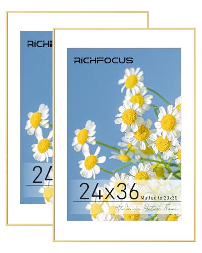 RICHFOCUS 24x36 Poster Frame Gold|24 x 36 Large Picture Frame Matted to 20x30|Metal Aluminum 36x24 Art Frame for Wall with Tempered Glass Wall Hooks Included, Set of 2 - color: Gold, size: 24x36-2P-Tempered Glass