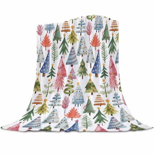 Christmas Tree Throw Blanket, Abstract Pink Blue Green Tree Super Soft Warm Flannel Blankets for Bed Couch Sofa Cute Graffiti Xmas Winter Lightweight Fluffy Plush Bed Throws 40x50 Inch - color: Pink Blue Gray, size: 40''x50''