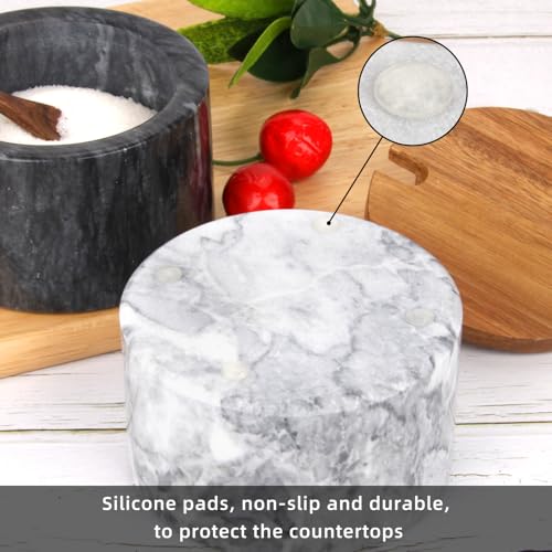 Marble Salt Cellar Box with Wood Lid & Spoon, Light Grey Bowl | Modern White Stone, Pepper Sugar Spice Seasoning Container, Jar Holder Well Keeper Dish Pig Crock, For Kitchen