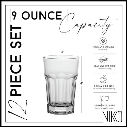Vikko Drinking Glasses, 9 Ounce Glass Cups, Durable Glasses Drinking Set of 12, Stackable Water Glasses, Highball Glasses, Heavy Base Tumblers & Water Glasses, Dishwasher Safe Cups for Kitchen - style: 9 Ounce- Set of 12