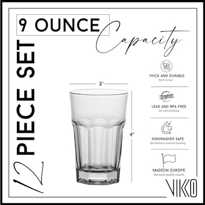 Vikko Drinking Glasses, 9 Ounce Glass Cups, Durable Glasses Drinking Set of 12, Stackable Water Glasses, Highball Glasses, Heavy Base Tumblers & Water Glasses, Dishwasher Safe Cups for Kitchen - style: 9 Ounce- Set of 12