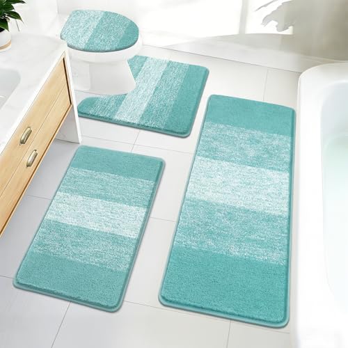 Bsmathom Bathroom Rug Set 4 Piece, Plush Microfiber Bath Mat, Teal | Extra Water Absorbent, Non Slip Washable Runner Bath Rugs with Toilet Lid Cover and U-shaped Contour Toilet Mat - color: Teal, size: 18"x26"+18"x48"+U20"x24"+Cover19"x21"