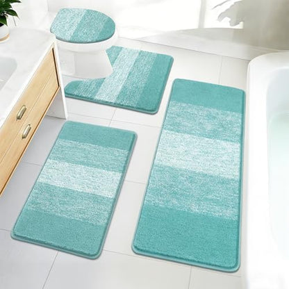 Bsmathom Bathroom Rug Set 4 Piece, Plush Microfiber Bath Mat, Teal | Extra Water Absorbent, Non Slip Washable Runner Bath Rugs with Toilet Lid Cover and U-shaped Contour Toilet Mat - color: Teal, size: 18"x26"+18"x48"+U20"x24"+Cover19"x21"