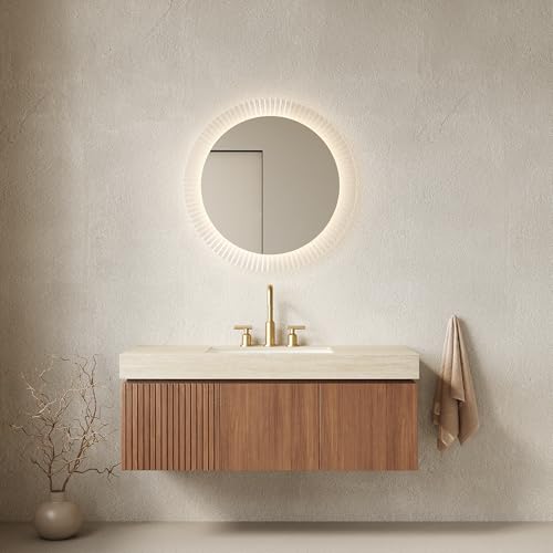 48" Floating Bathroom Vanity with Sink, MURI Wall Mounted Plywood Cabinet, Sintered Stone Countertop, Ceramic Basin with 3 Faucet Hole, Drawer & Door Storage, Pre-Assembled, Beige Top Brown Oak - color: Brown Oak,beige Travertine-pattern Top, size: 48"+Be