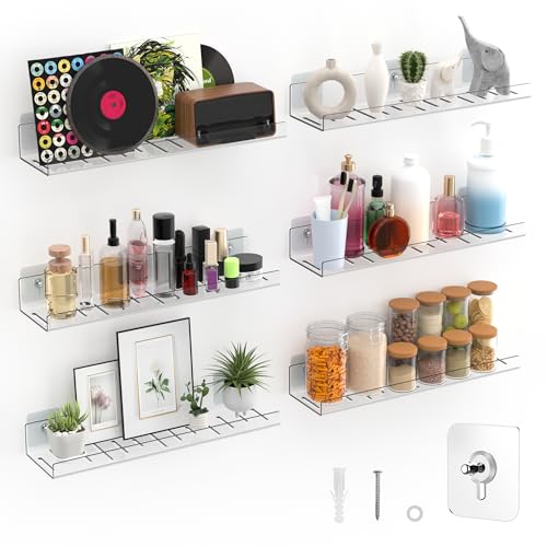 LAZYROSY 6 Pack Floating Shelves - Clear Acrylic/PET Wall Mounted Non-Drilling Storage Rack with Adhesive, Invisible Bathroom and Bedroom Shelves for Kitchen, Living Room, Clear Decoration - size: 6-Piece Set