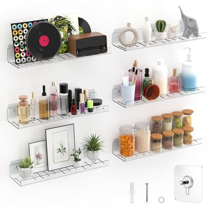 LAZYROSY 6 Pack Floating Shelves - Clear Acrylic/PET Wall Mounted Non-Drilling Storage Rack with Adhesive, Invisible Bathroom and Bedroom Shelves for Kitchen, Living Room, Clear Decoration - size: 6-Piece Set