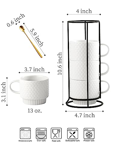 LYEOBOH Stackable Coffee Mugs with Rack, 13 oz Ceramic Coffee Mug Set of 4 with Stand, Latte Cup with Spoon, Cappuccino Cups for Hot Cocoa, Milk, White - color: White