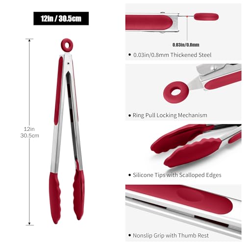 Doosu 600°F Heat Resistant Kitchen Food Tong for Cooking with Non-Scratch Silicone Tips (12in, Red) & 3-Piece Silicone Spatula Set Kitchen Food-Grade Baking Supplies Cooking Tool (Aqua+Orange+Red)