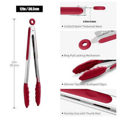 Doosu 600°F Heat Resistant Kitchen Food Tong for Cooking with Non-Scratch Silicone Tips (12in, Red) & 3-Piece Silicone Spatula Set Kitchen Food-Grade Baking Supplies Cooking Tool (Aqua+Orange+Red)