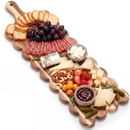 24"x 8" Long Scalloped Charcuterie Board Large Acacia Wooden Cheese Board with Handle & Rope Hanger Decorative Serving Platter for Snacks Appetizers, Housewarming & Entertaining Gift - size: 24"x8"