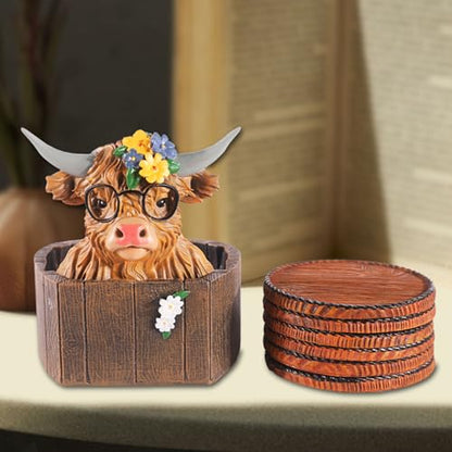 Highland Cattle Coasters - 6 Full-Size Rustic Wooden Coasters | Non-Slip for Log Cabin, Hunting, Man Cave, Bar & Farmhouse Decor | Protect Furniture - style: Highland Cattle-02
