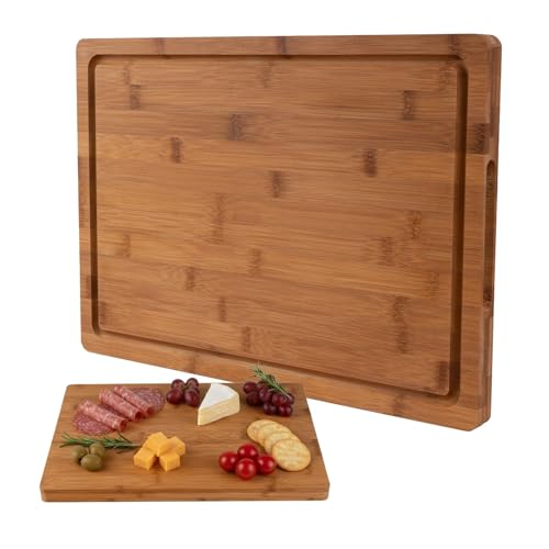 Bamboo Cutting Board, 1" Thick Heavy Duty Wood Chopping Board for Kitchen, Built-in Deep Juice Groove and Handles, Reversible Charcuterie Board for Meat BBQ, Gift for Housewarming, 17x12'' - color: Carbonized Bamboo, size: Large | 16.9''L x 11.8''W x 1''T