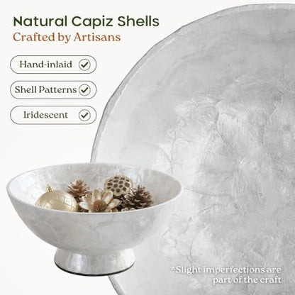 11” White Capiz Shell Decorative Bowl, Large Footed Centerpiece Bowl for Kitchen Island Decor, Modern Farmhouse Fruit Bowl for Entryway & Home Décor Accents