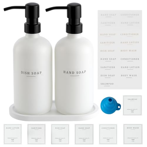 Glass Soap Dispenser - Dish Hand Soap Dispenser for Kitchen Set, Bathroom Soap Lotion Dispenser with 304 Rust Proof Pump, Tray, White Bottle/Black Pump - color: White Bottle/Black Pump + Tray + Funnel