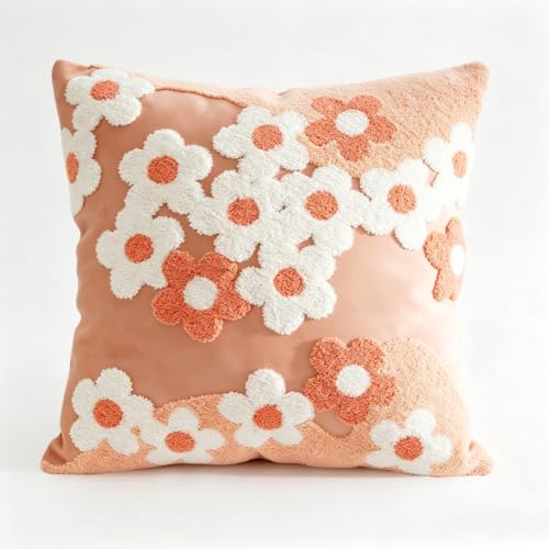 Pink Embroidered Flower Throw Pillow Cover 18x18 in | 3D Floral Embroidered Decor Pillow Cover, Summer Cushion Covers for Sofa Couch, Living Room,Bedroom - color: Pink