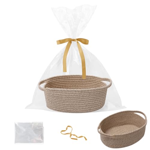 Woven Rope Basket,Baby Gift Basket with Bag & Ribbon, Mixed Brown | Cotton rope with handle, 12x8x5 in, gift bag and ribbon, for baby shower, birthday, toy storage, nursery, shelf decor - color: Mixed Brown