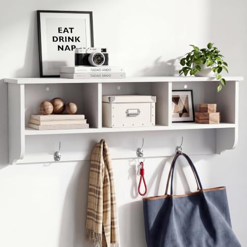 38.6inch Wall Mounted Entryway wooden Coat Rack with Storage Shelf 4 Dual Hooks Wooden Storage Living Room Wall Cabinet with 3 Cubbies Space Saving Hanging Shelf for Hats Bags Coats (White) - color: White