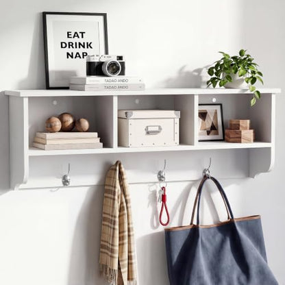 38.6inch Wall Mounted Entryway wooden Coat Rack with Storage Shelf 4 Dual Hooks Wooden Storage Living Room Wall Cabinet with 3 Cubbies Space Saving Hanging Shelf for Hats Bags Coats (White) - color: White