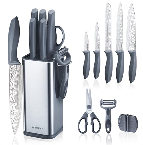 Kitchen Knife Set,10-Piece Stainless Steel Knife Set with Block,Gray | Pro-Sharpened Kitchen Knives,Space-saving Compact Organizer for Small Kitchen,RV,Apartment and Dorm - color: Damascus