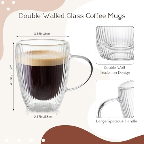 Zhehao 6 Pack Double Wall Glass Coffee Mugs with Handle 12 oz Clear Coffee Cups with Handle Insulated Glass Espresso Mugs Tea Cups for Latte Cappuccino Hot Chocolate